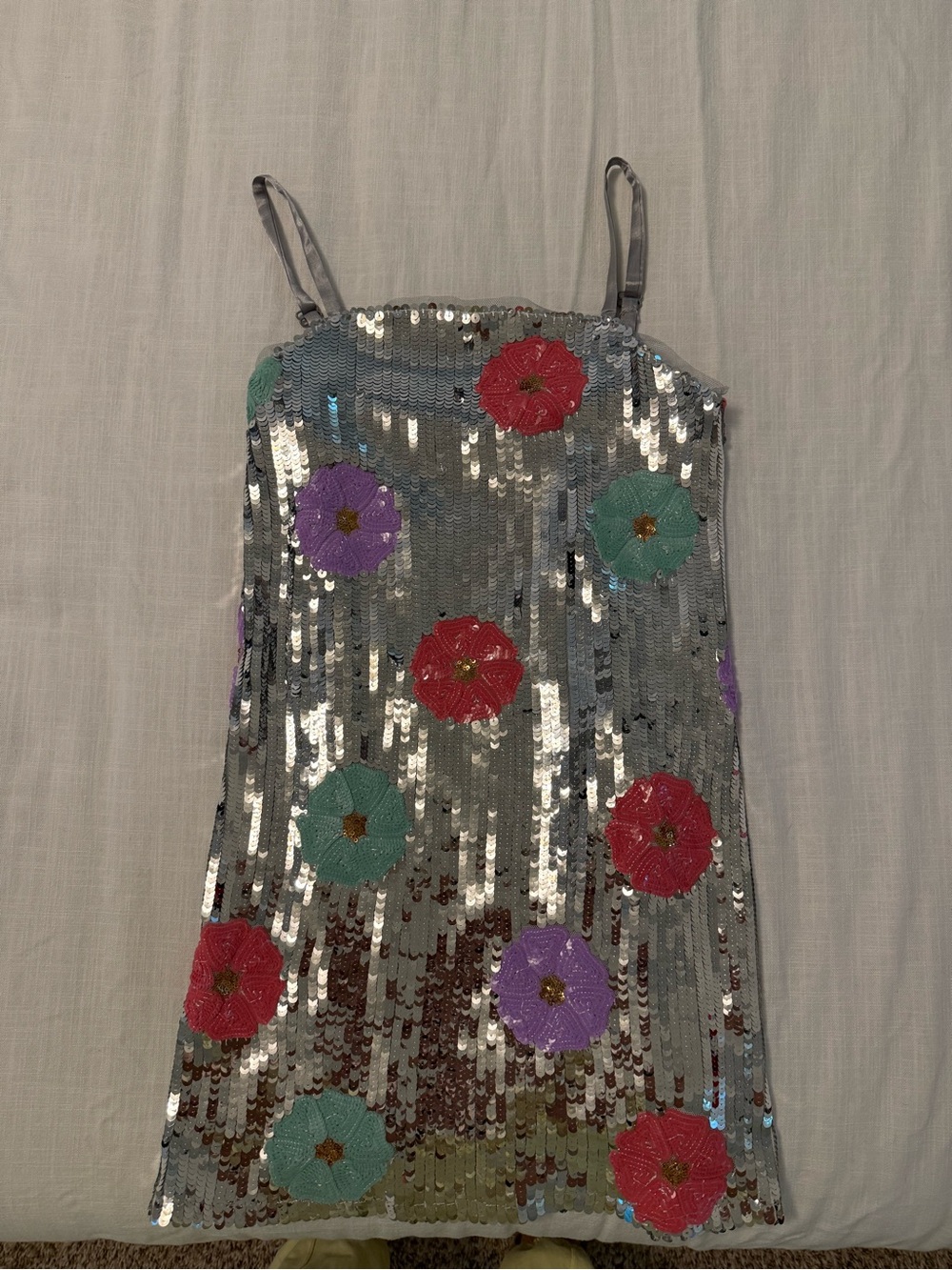 Girls Silver Sequin Slip Dress with Multicolor Floral Appliqué